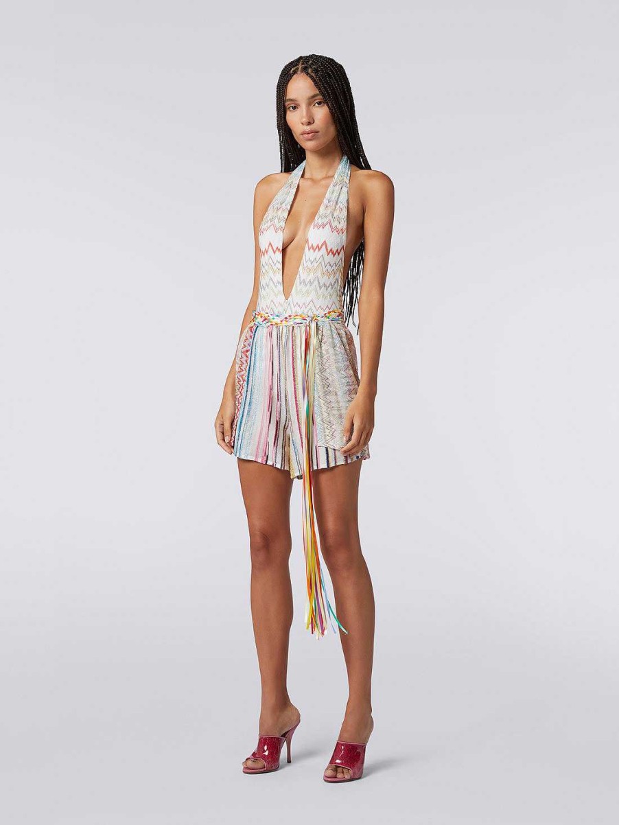 Kvinner Missoni Strandtoy | Patchwork Dekker Shorts Med Flettet Belte Flerfarget Lame Patchwork