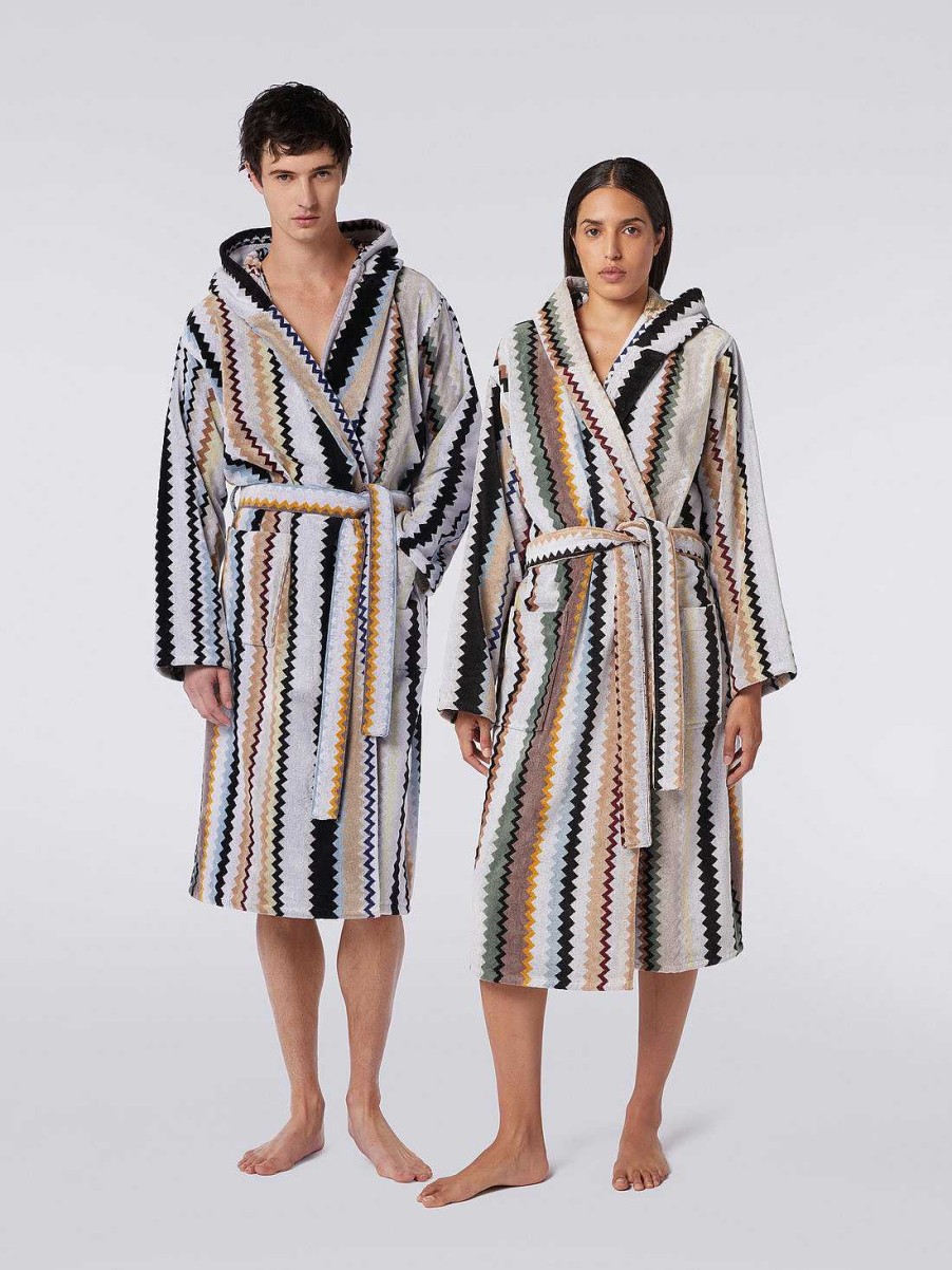 Kvinner Missoni Badekaper | Long Curt Badekape Med Hette I Chevron Bomullsfrotte Svart