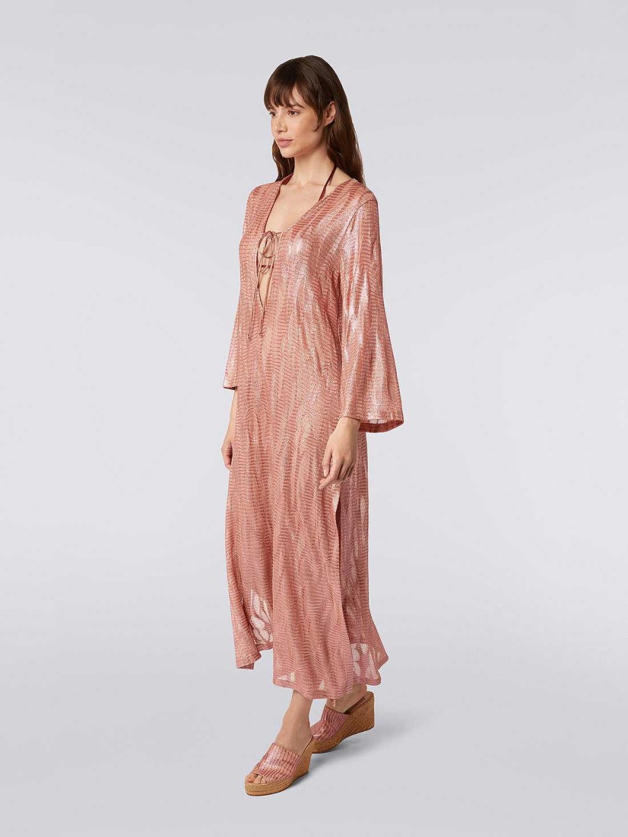 Kvinner Missoni Strandtoy | Lang Jacquard Viskose Kaftan Dekke Opp Med Band Rosa