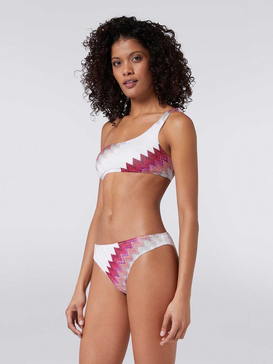 Kvinner Missoni Badedrakter | En-Skulder Bikini Med Sikksakk Og Lame Hvit, Rosa Og Fuchsia