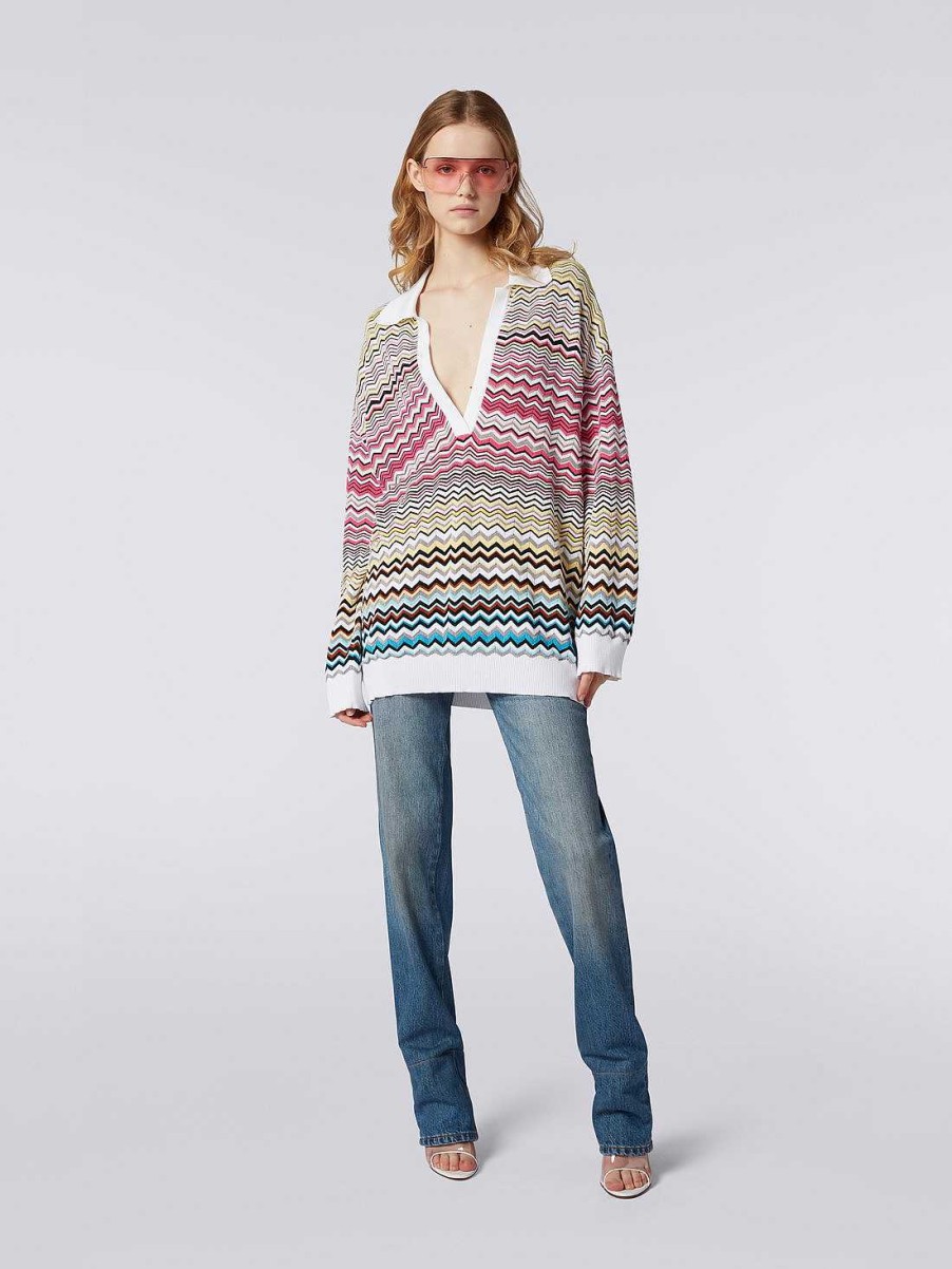 Kvinner Missoni Strikkevarer | Langermet Oversized Poloskjorte Med Chevronmonster Flerfarget