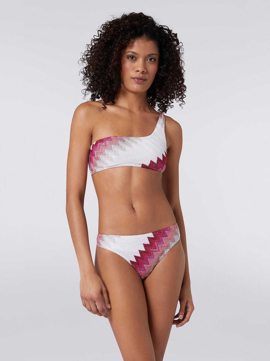 Kvinner Missoni Badedrakter | En-Skulder Bikini Med Sikksakk Og Lame Hvit, Rosa Og Fuchsia