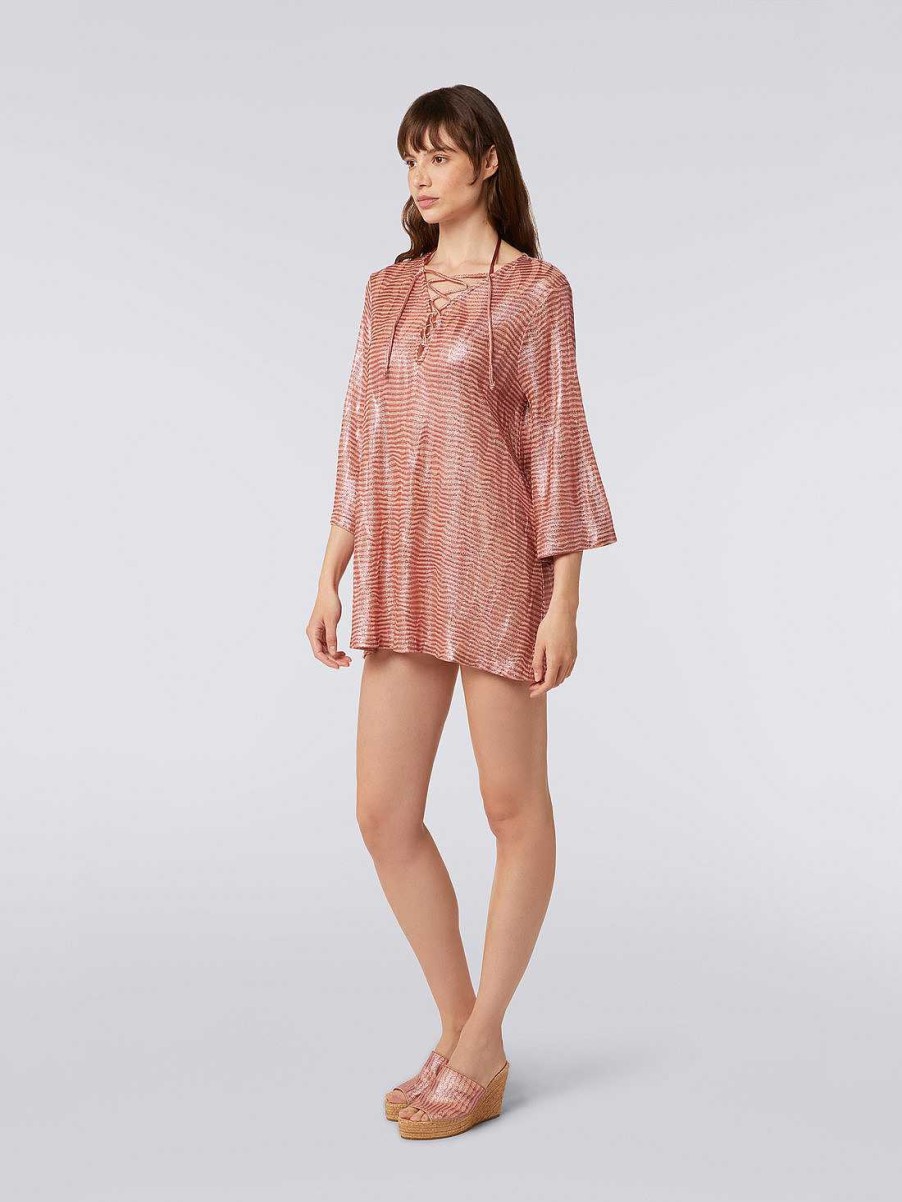 Kvinner Missoni Strandtoy | Kort Jacquard Viskose Jacquard Kaftan Dekke Opp Med Band Rosa