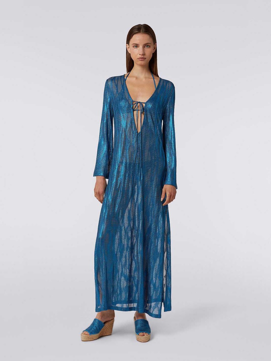 Kvinner Missoni Strandtoy | Lang Jacquard Viskose Kaftan Dekke Opp Med Band Bla