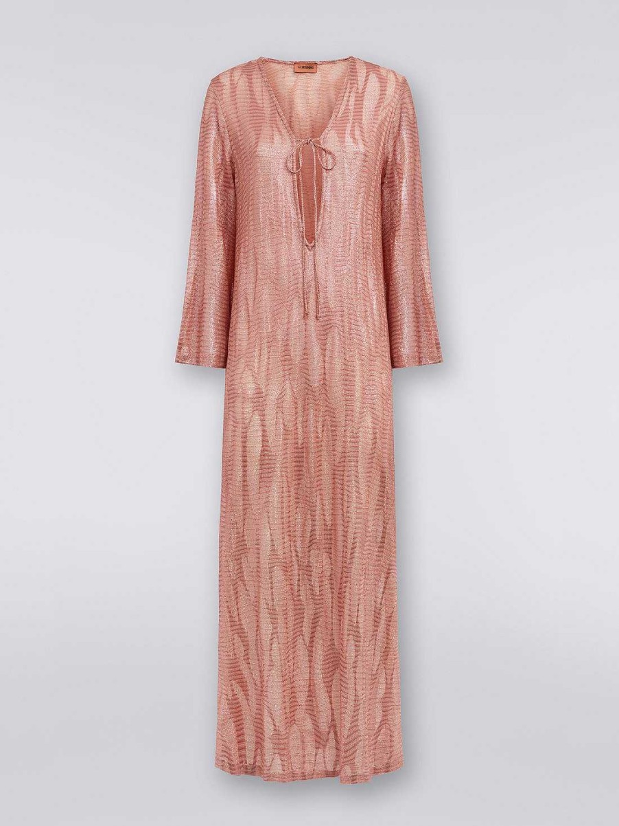 Kvinner Missoni Strandtoy | Lang Jacquard Viskose Kaftan Dekke Opp Med Band Rosa