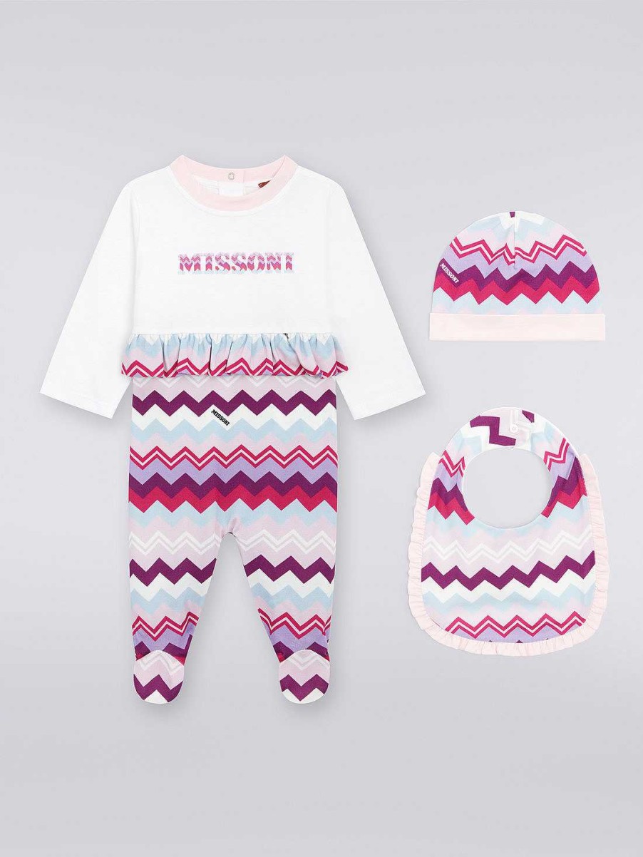 Baby (0-24 Maneder) Missoni | Tredelt Sett Med Jumpsuit I Bomull, Smekke Og Dockerhatt Med Sikksakkmonster Flerfarget