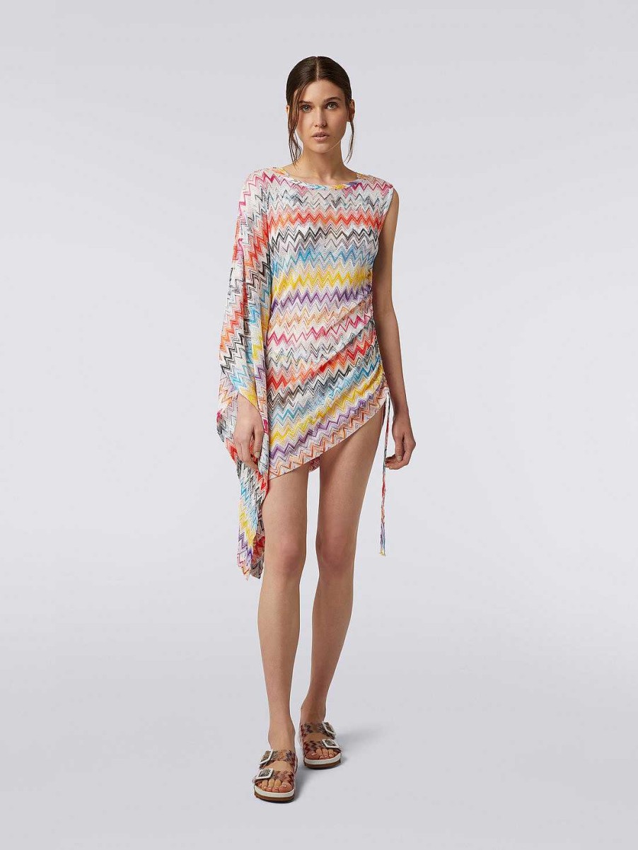 Kvinner Missoni Strandtoy | Kort Asymmetrisk Sikksakktrykk Dekke Opp Med Drapering Flerfarget