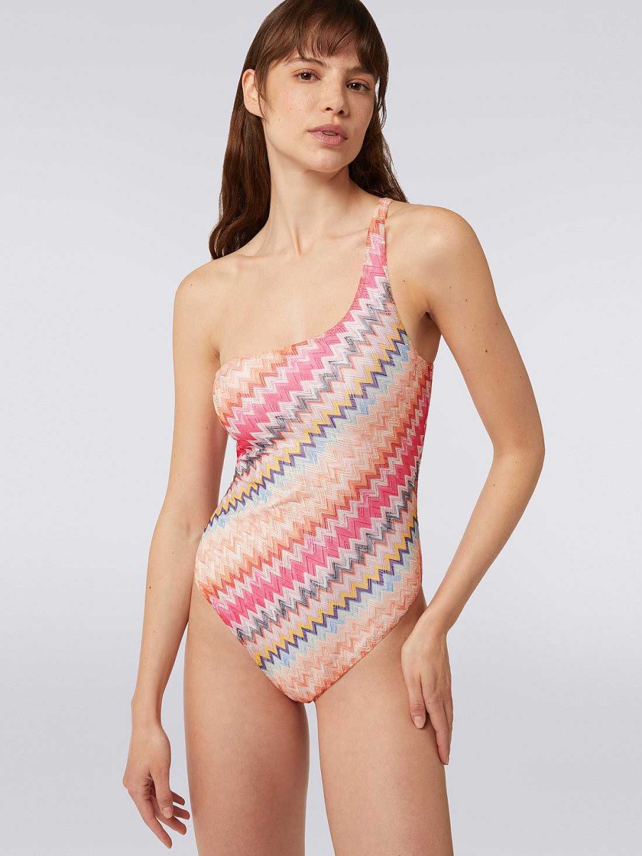 Kvinner Missoni Badedrakter | En-Skulder Badedrakt I Ett Stykke I Chevron Viskose Rosa Skygge Chevron