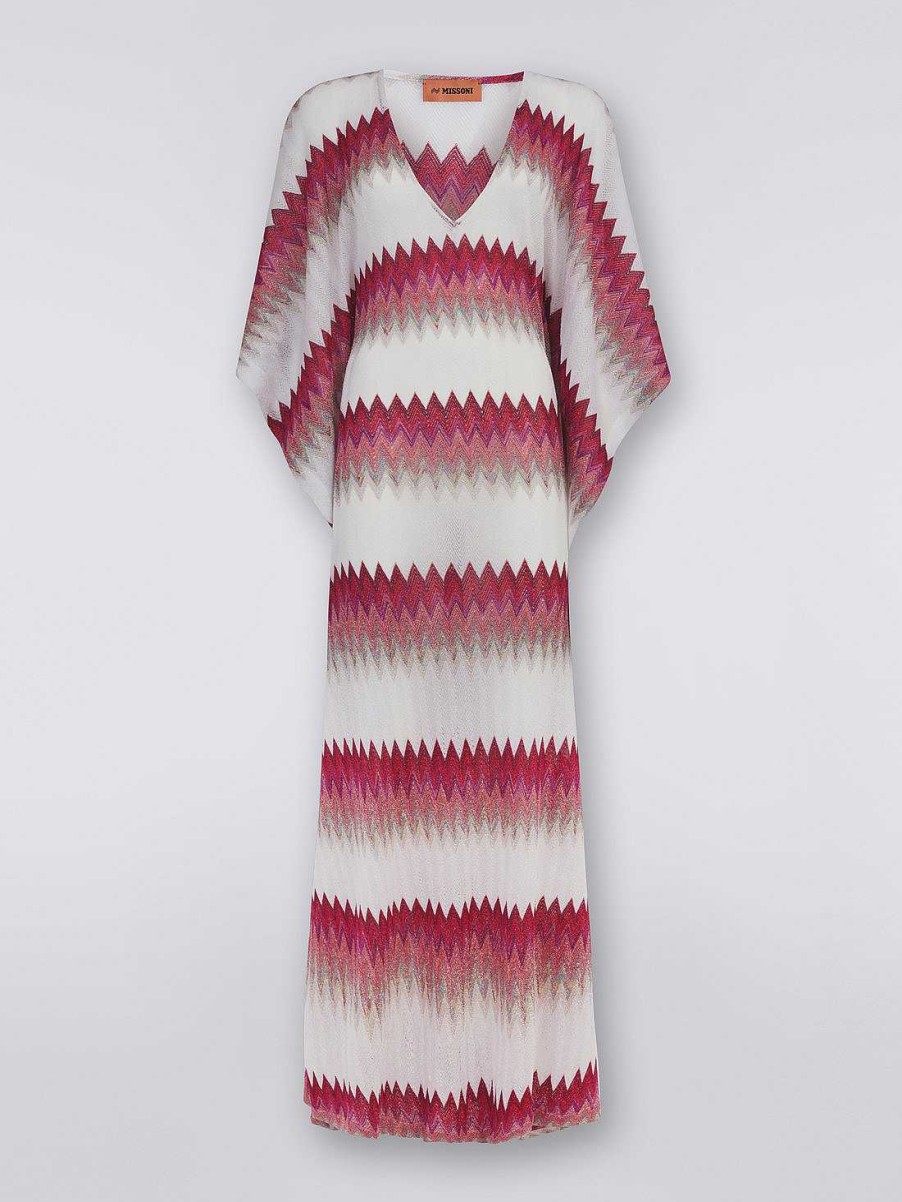 Kvinner Missoni Strandtoy | Lang Viskosekaftan Dekker Opp Med Sikksakk Og Lame Hvit, Rosa Og Fuchsia