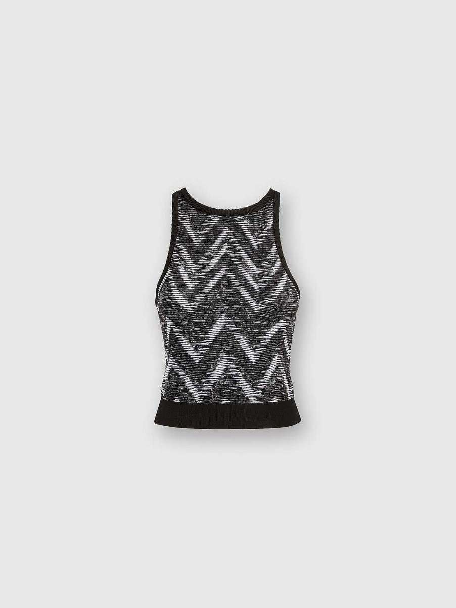 Kvinner Missoni Klaer | Chevron Strikket Topp Med Logo Svart Hvit